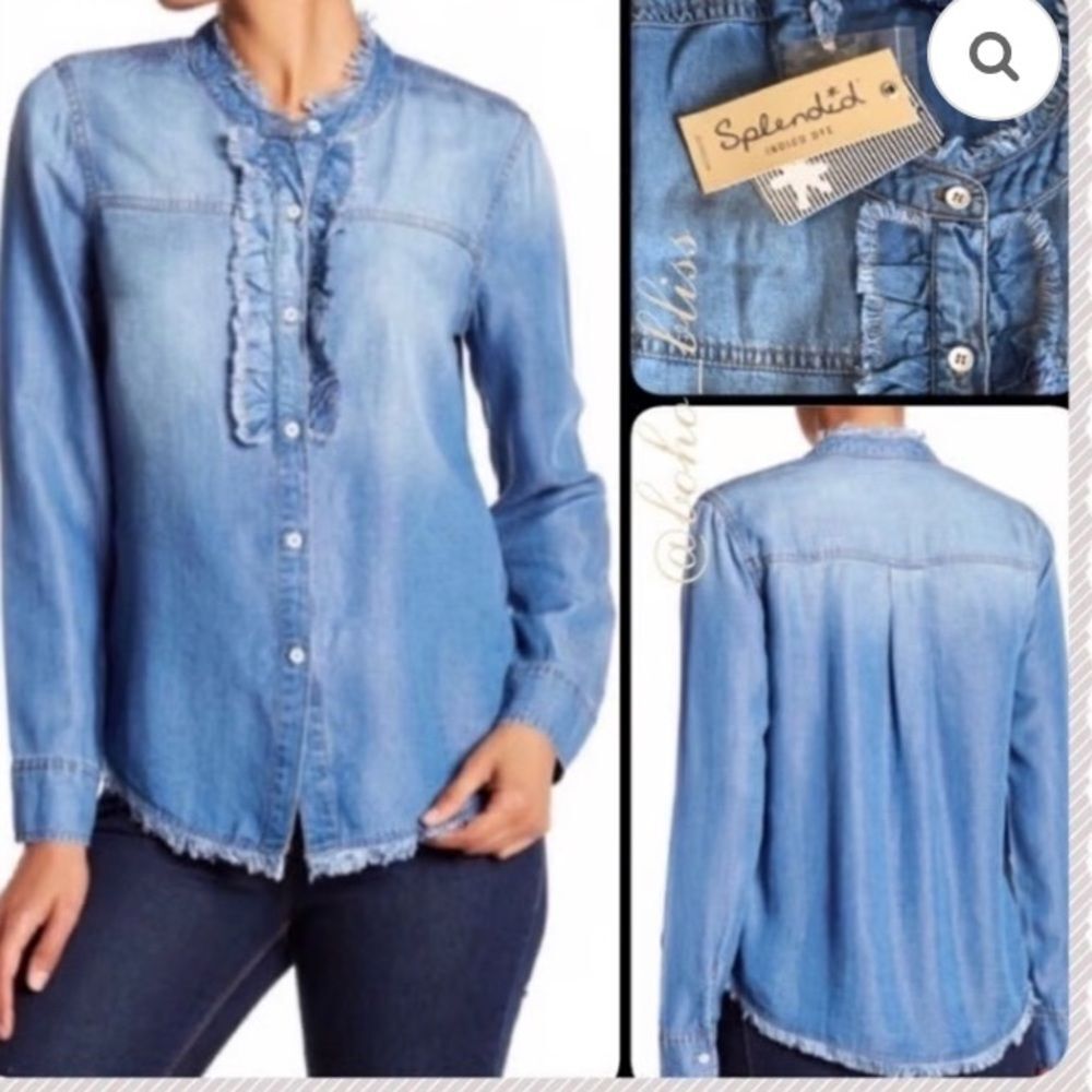 Splendid Blue Chambray Denim Long Sleeve Ruffle Trim Blouse Top NEW M